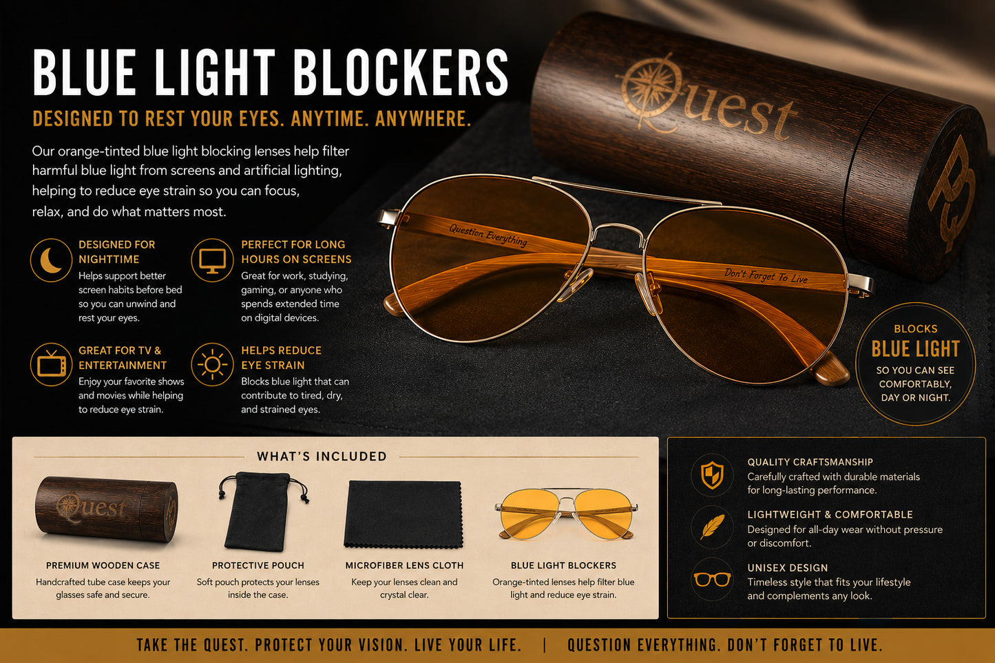 PQ Orange-Tinted Blue Light Blocker Glasses – Premium Wooden Case Included